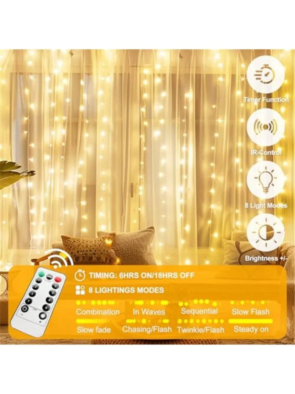 Fairy Curtain Lights Upgraded Tangle-Free Warm White USB Plug in 8 Modes String